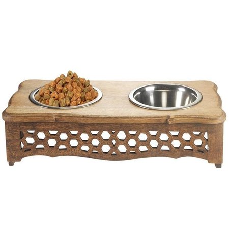 LR RESOURCES LR Resources PETMS20011MLT1905 Handmade Mango Wood Elevated Double Pet Feeder with Geometric Honeycomb Cutouts - Rectangle PETMS20011MLT1905